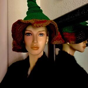 This witch hat is hand crocheted with a cotton polyester blend of yarn